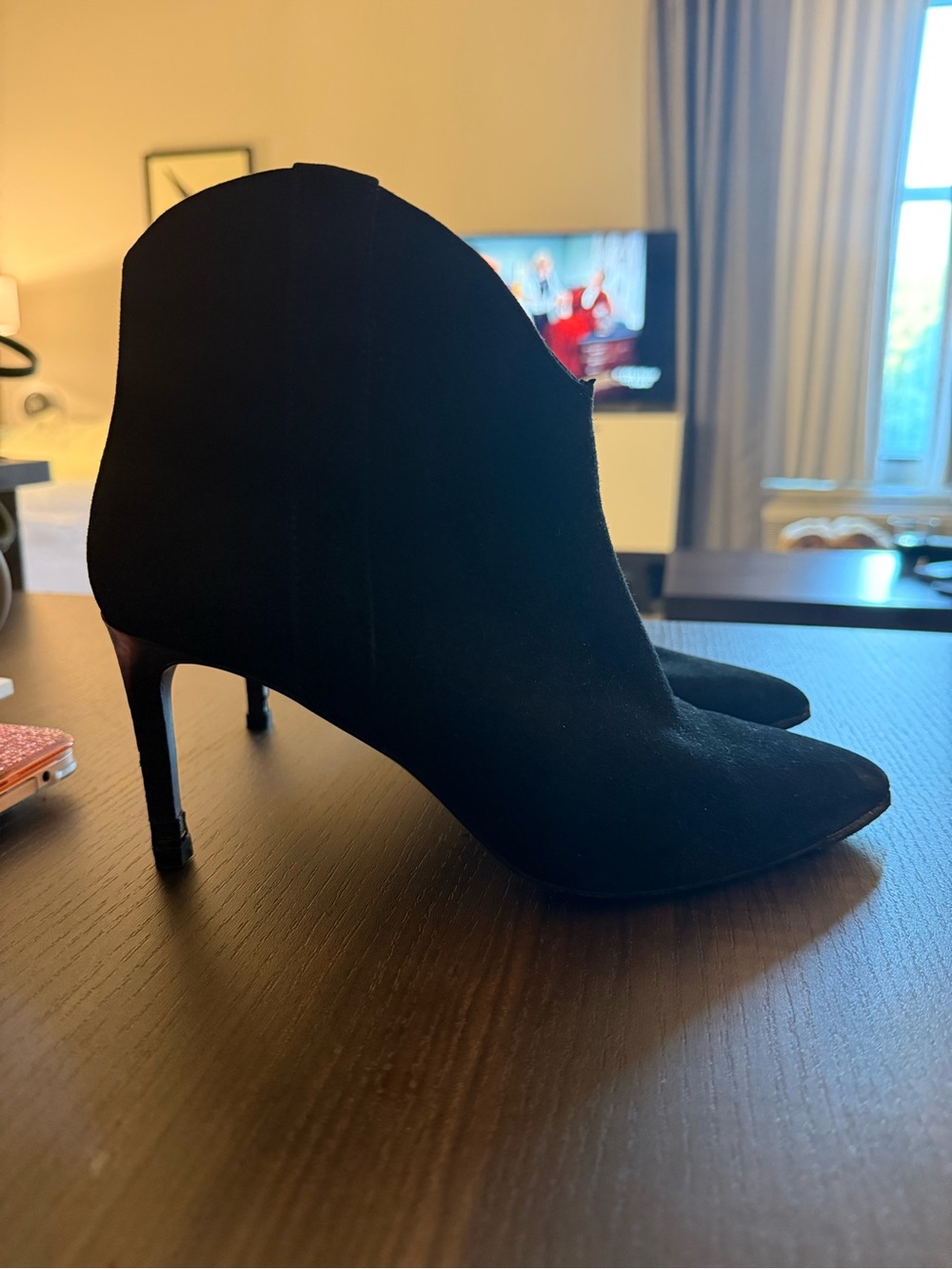 ba & sh Black Suede Pointed Toe Ankle Booties with Stiletto Heel